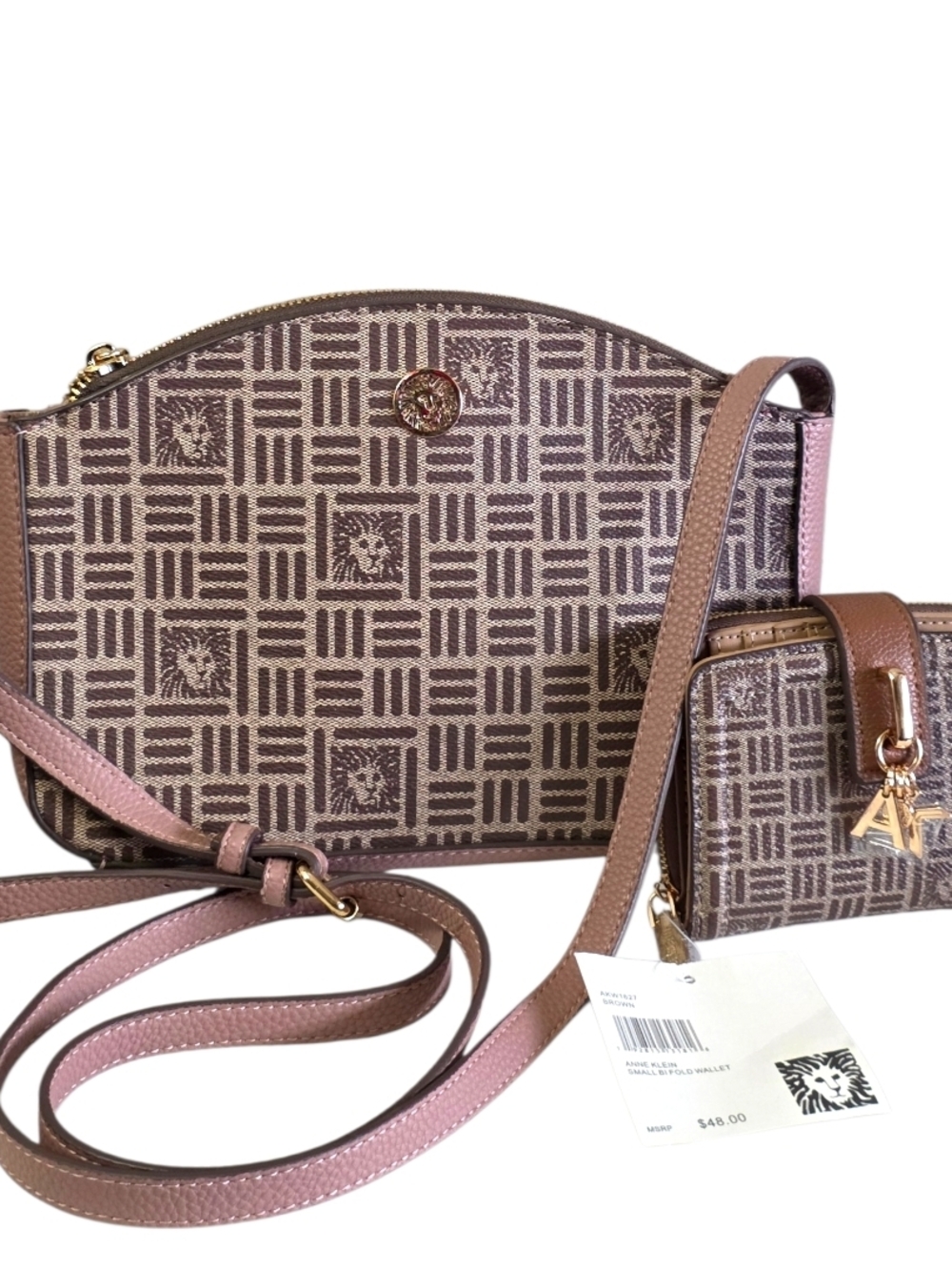 Anne Klein Monogram Crossbody Bag + Wallet Set NWT Brown Logo Matching Designer